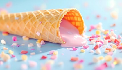 Spilled Ice Cream Cone with Pink Melt and Colorful Sprinkles