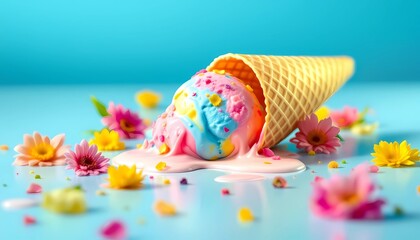 Melting Ice Cream Cone with Colorful Sprinkles and Floral Decorations