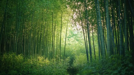 Fototapeta premium Dense forest of tall bamboo stalks with dappled sunlight shining through