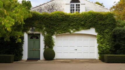 Ivy-Covered Garage and Green Door of a Luxurious Home