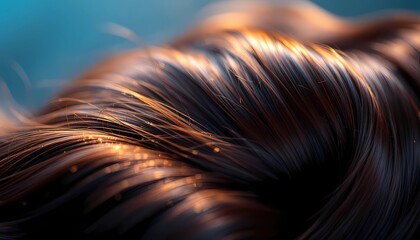 Close-up Shining Brunette Hair Texture with Golden Highlights and Volume