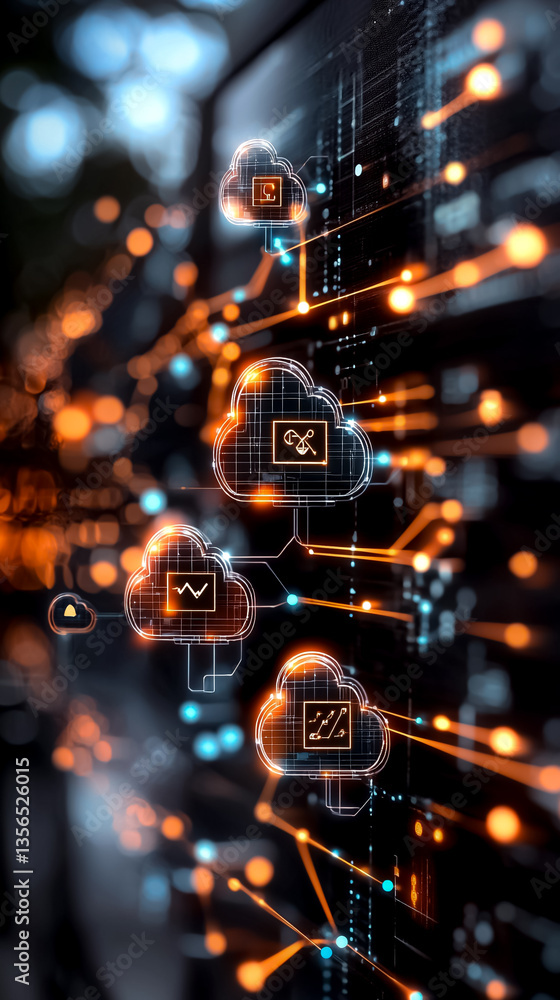 Poster digital cloud computing network visualization with glowing connections and data streams