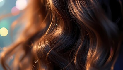 Shiny Brown Hair Close-up with Elegant Waves and Bokeh Background