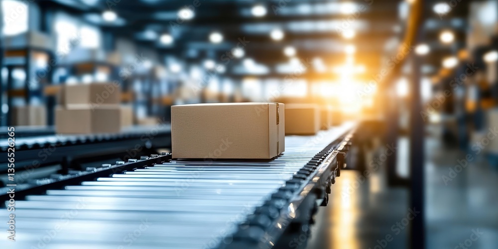 Poster efficient and automated conveyor belt system transporting cardboard boxes in a modern warehouse envi