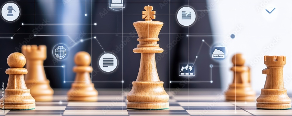 Poster strategic planning resources optimization concept. chess pieces with a digital network background re