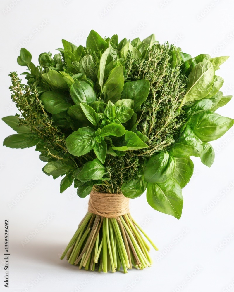 Poster Fresh basil and thyme bouquet on white background creating a vibrant and aromatic display of culinary herbs from above