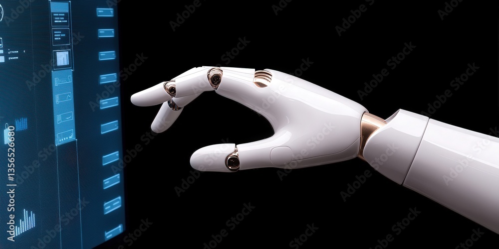 Poster strategic planning resources optimization concept. futuristic robotic hand reaching for a digital in