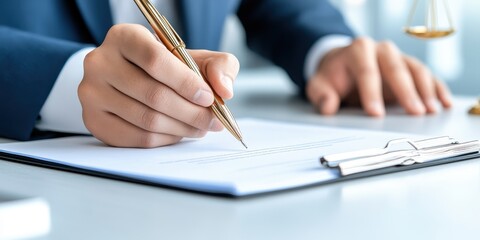 A professional individual engaged in reviewing an important legal document, reflecting focus and attention to detail in a formal setting.