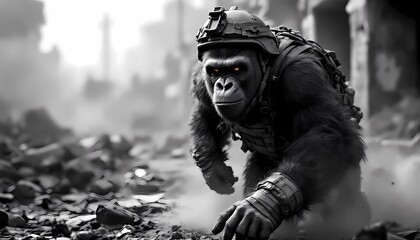 Ape Warrior in Ruined City Black and White Fictional Scene