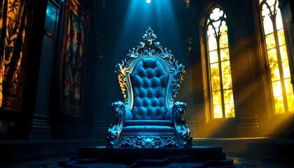 Intricate Throne on Platform in Palace with Light Streaming Through Windows