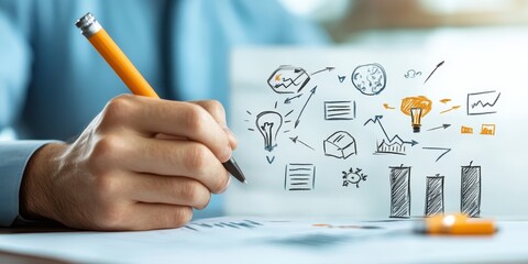 Close-Up of a Hand Sketching Business Concepts and Graphs with an Orange Pen, Illustrating Ideas for Entrepreneurial Strategies