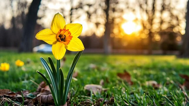 Bright yellow daffodil blooming in a park at sunset amidst vibrant spring scenery