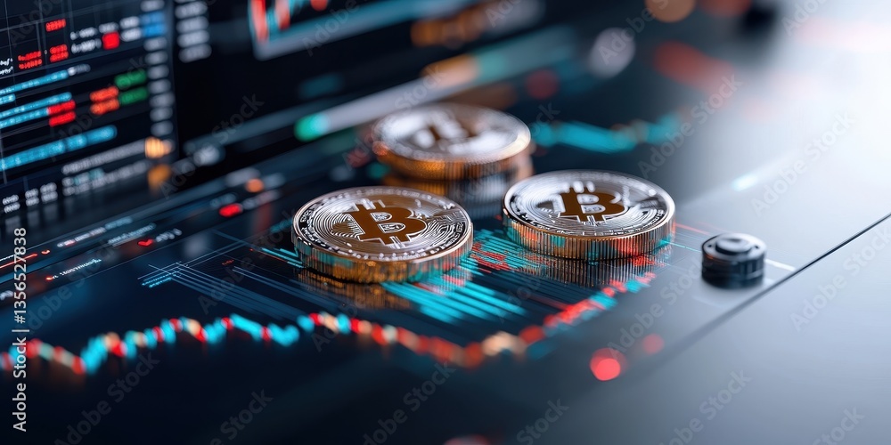 Poster close up of detailed bitcoin coins with financial charts representing blockchain analysis in a moder