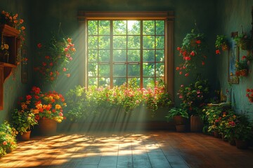 Sunlit Greenhouse Blooming Flowers with Wooden Floor.