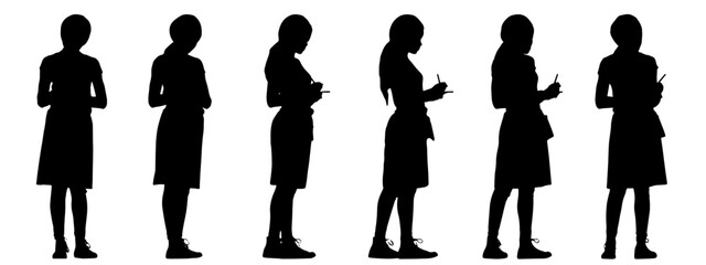 Vector concept conceptual black silhouette of a female waiter taking an order  from different perspectives isolated on white background. A metaphor for working, business, relaxation and lifestyle