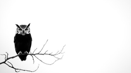 Owl perched on bare branch, minimalist white background