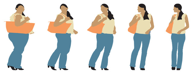 Conceptual fat overweight obese female vs slim fit healthy body after weight loss or diet on white background banner. A  fitness, nutrition or obesity, health shape illustration vector as silhouettes