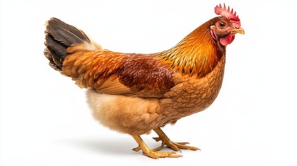 Fototapeta premium Majestic golden chicken standing proudly against a pristine white backdrop in a studio shot showcasing its beautiful plumage