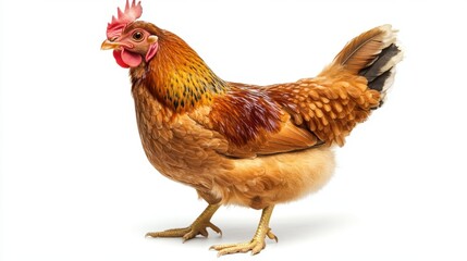 Fototapeta premium Majestic brown hen standing gracefully against a pristine white backdrop in a studio setting showcasing vibrant plumage