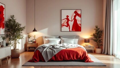 Modern Bedroom Interior with Red Accents and Stylish Home Decor