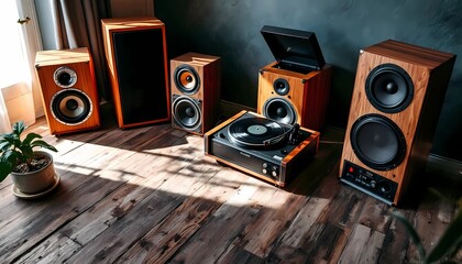 Listening to Vinyl Records on Classic Turntable with Vintage Wood Speakers