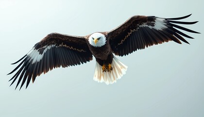 Bald Eagle Flying with Open Wings Against a Bright Sky