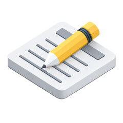 3D minimalistic icon features yellow pencil resting on stack of lined paper, symbolizing writing and creativity. design is simple and modern, emphasizing functionality