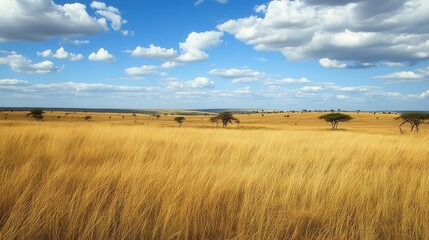Obraz premium Sunny African savanna with scattered trees and vast blue sky