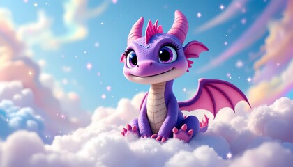 Adorable Purple Dragon Cartoon Sitting on Fluffy Clouds in Dreamy Sky