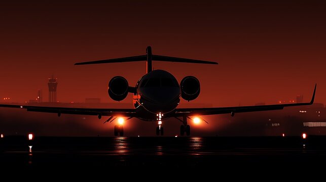 Private jet landing at dusk