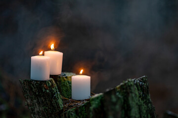 candles on stump in forest, natural background. occultism, esoteric spiritual ritual. witchcraft, wiccan magic. fairytale