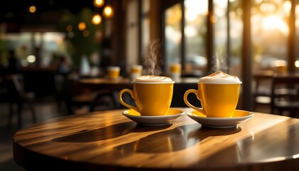 Two Steaming Coffee Cups on Wooden Table in Cozy Cafe Setting