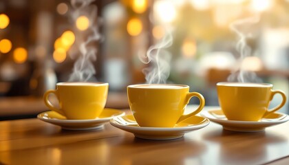 Steaming Yellow Coffee Cups on Table in Cafe with Bokeh Lights