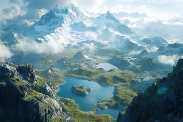 Majestic alpine landscape with snow capped peaks and serene lakes under a cloudy sky offering a scenic vista of natural beauty