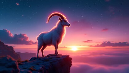 Majestic Goat Standing on Cliff at Colorful Sunset Fantasy Landscape