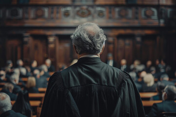 Naklejka premium Generative AI representation of a judge presiding in a courtroom during a legal trial