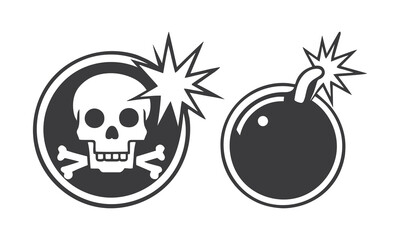 Minimalist Black and White Skull & Crossbones and Cartoon Bomb Icons – Danger & Hazard Symbols