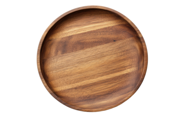 Round wooden plate with smooth finish on black background, cut out