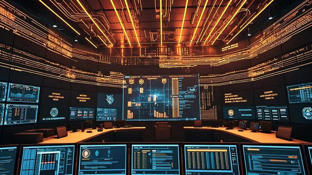 High-tech futuristic control room with glowing data, multiple screens displaying charts and analytics.

