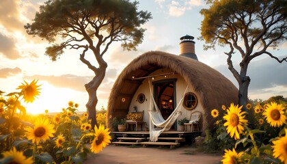 Charming Hobbit House Surrounded by Sunflowers at Sunset, Peaceful Country Living