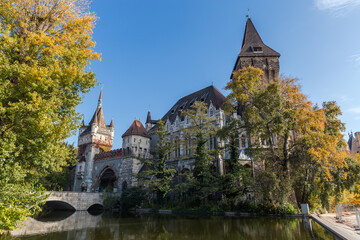 Fototapeta premium Vajdahunyad Castle from main entrance side at sunny day, Budapest