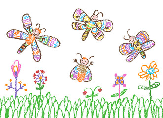 Fantastic doodle butterfly set. Tropical crazy flying insect. Flower summer meadow. Crayon like kid`s hand drawn colorful bright funny jungle monsters. Vector pastel chalk pencil childlike cartoon art