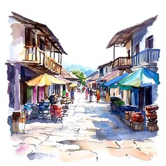 Watercolor Painting of a Charming Street Scene in a Mountain Village. This picturesque illustration depicts a sunlit cobblestone street lined with traditional buildings and market umbrellas.
