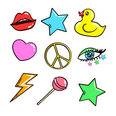 60s, 70s, 80s style object or sticker item set. Cartoon colorful funny retro vibes clip art. Vector flat bright trendy pop old disco lips, yellow duck, pacific, star, heart, lollipop isolated on white