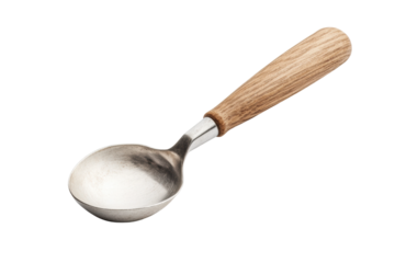 Stainless steel ice cream scoop with wooden handle on black background, cut out