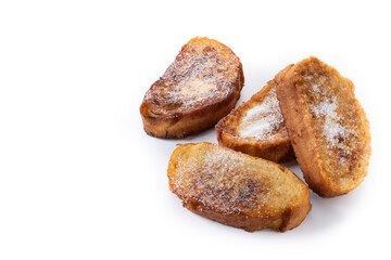 Traditional Spanish torrijas for Holy Week isolated on white background. Copy space