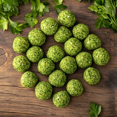 Fototapeta premium Delicious Green Falafel Balls on Wooden Board