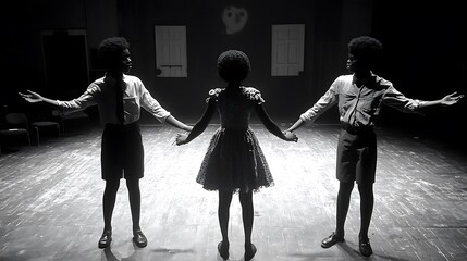 Three young African-American performers on stage, holding hands, back to camera.
