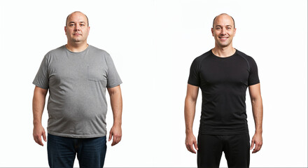 Man's weight loss transformation, before and after side-by-side. Diet and exercise results, fitness journey concept. Health, lifestyle improvement themes