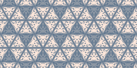 Seamless decorative pattern featuring a mix of blue and beige tones. 